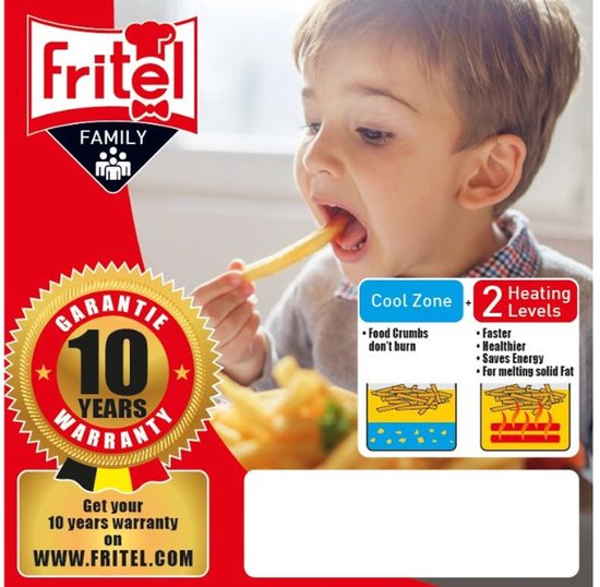 Jongetje eet frietjes; Fritel friteuse-advertentie met 2 verwarmingsniveaus en 'Cool Zone'.
