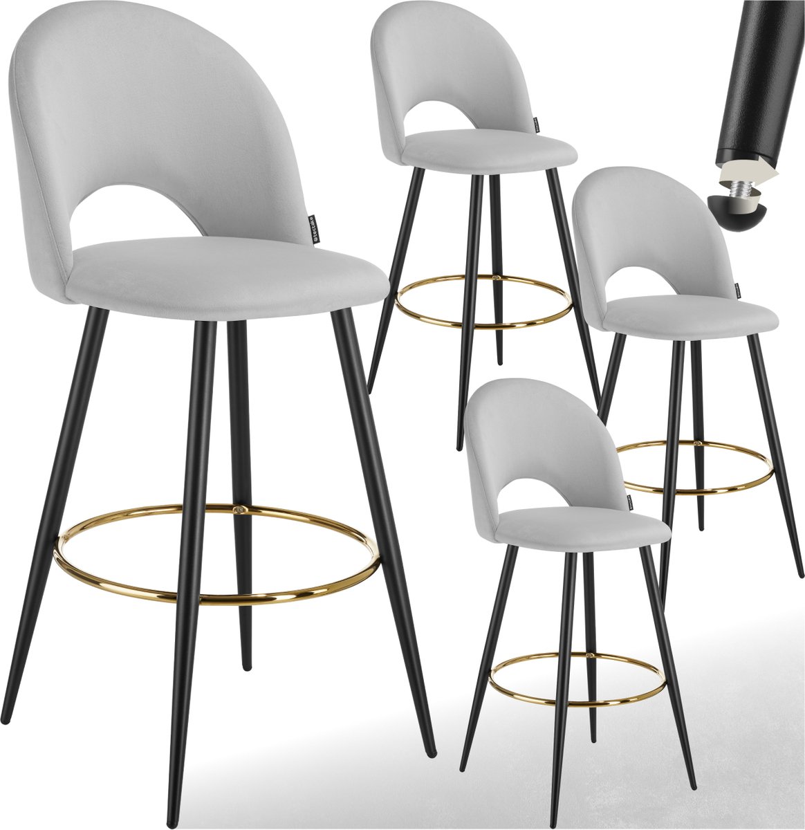 Tectake Set van 4 Barkrukken Sachel - Gestoffeerde Barkruk met rugleuning - Barstoelen - Ergonomische Barstoel met voetensteun - Eetkamerstoel met fluweellook bekleding - Stevige stalen poten met antislip vloerbescherming - Lichtgrijs/Zwart