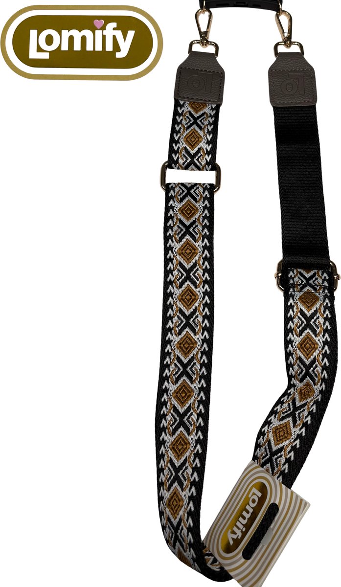 Lomify Pattern Strap universeel telefoonkoord / Lanyard / phone strap met verstelbare schouderhals 80cm - 130 cm Black / Cognac
