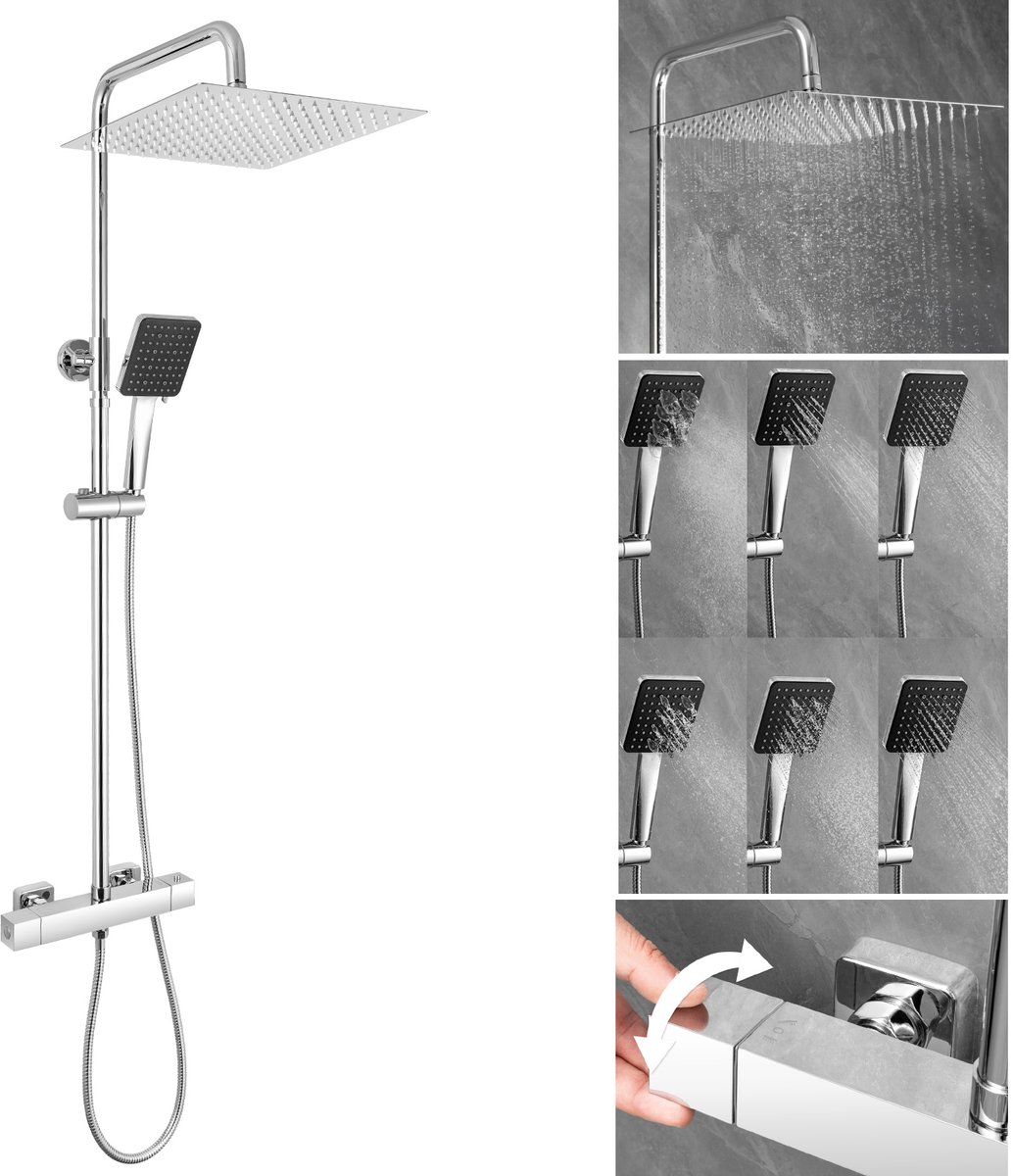 DERW Max Regendouche Met Thermostaatkraan - Doucheset RVS - Regendoucheset - Vierkante Hoofddouchekop 30x30 cm - 6 standen Handdouche - Waterbesparend - Chroom