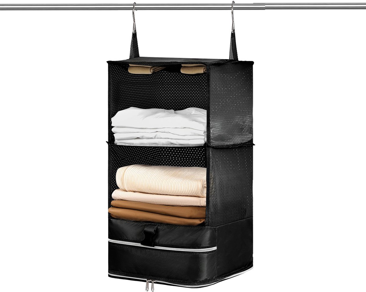Skycases Compression Packing Cube – Opvouwbare Reisorganizer met Ophangbare Rekken – Uitbreidbaar – Compressie Cubes - Geschikt voor Bagage, Koffer & Backpack – Zwart