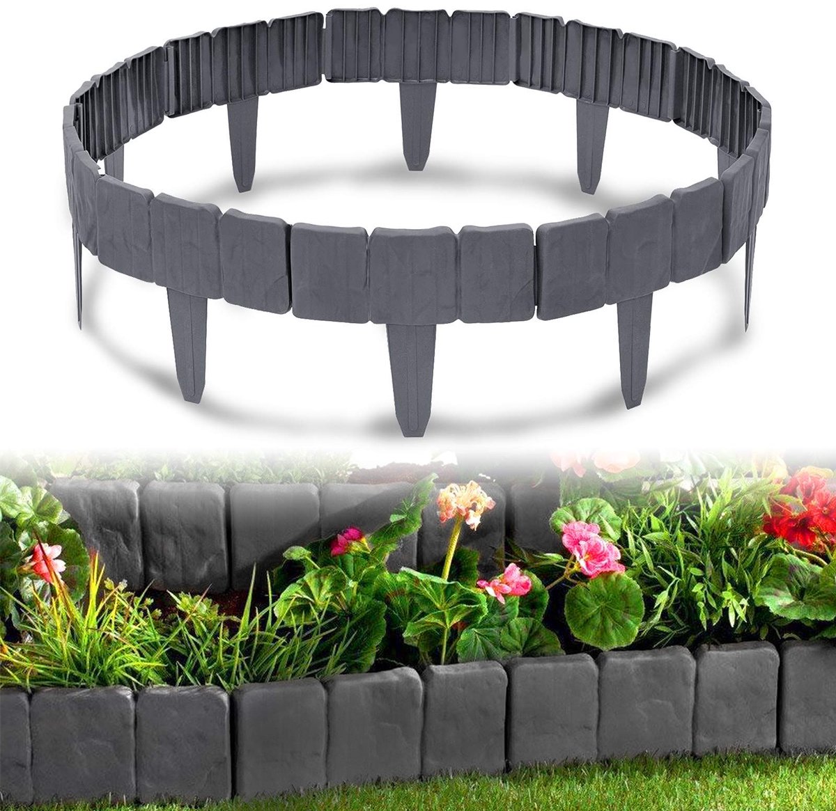 Aufun 5m Borderrand Kunststof tuinranding (beetinfassung) - Steenlook - Maaikant - Decoratieve palisade voor bloementuinen - 20 stuks (25x23cm LxH) - Antraciet