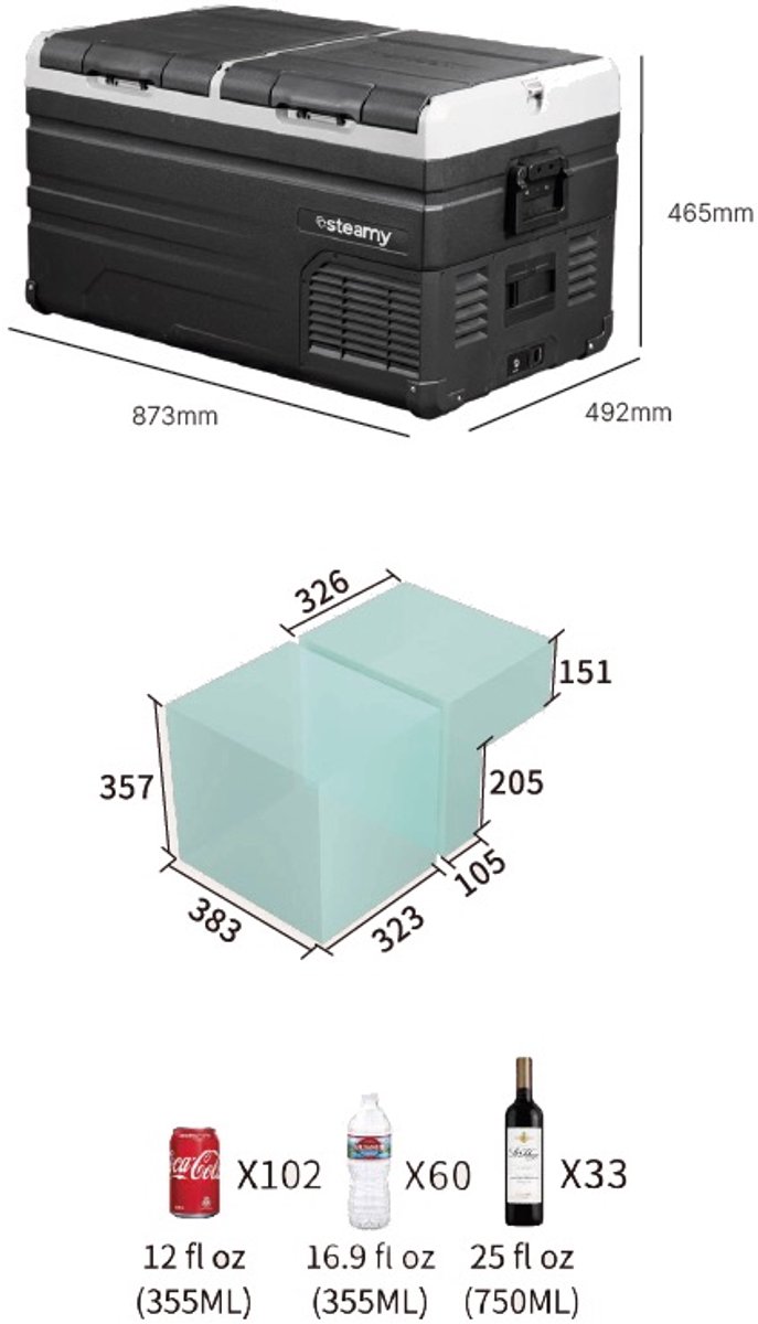 Steamy-E Dual Zone Elektrische Compressor Koelbox - Dual Zone - 72 liter - 12V en 230V - voor auto en camping - Zwart van Steamy — afbeelding 4