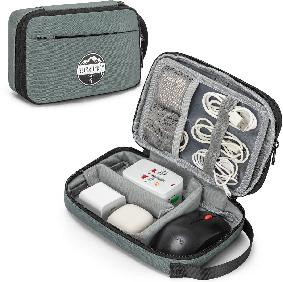 Kabel Organiser tas Compress It - Reismonkey – Grijs – Water- en schokbestendig etui - kabeltas met compressie