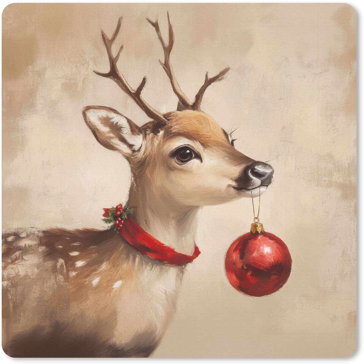 Muismat 20x20 cm - Mousepad Kerst - Hert - Gewei - Kerstbal - Rendier - Muismatten