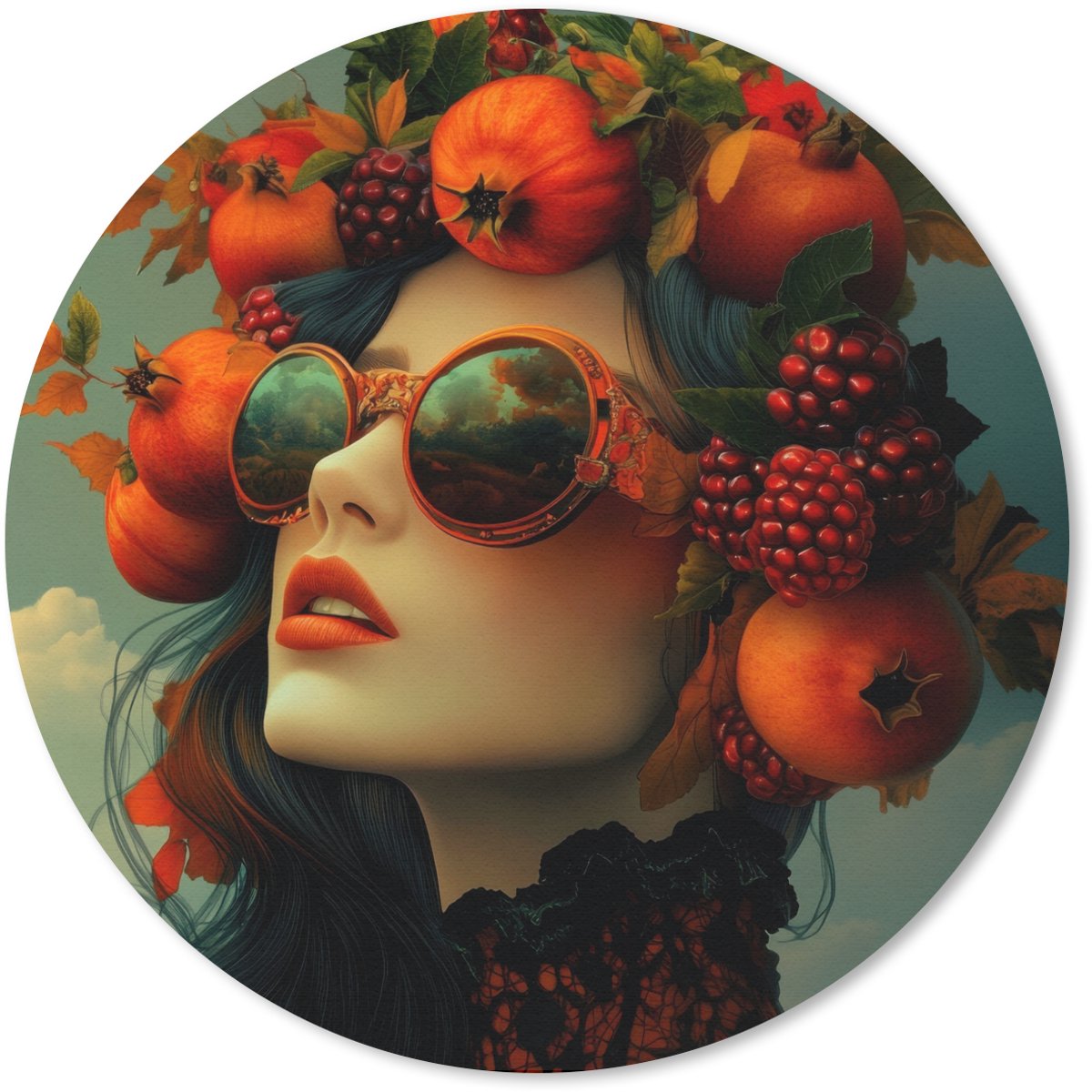 Muismat rond 30x30 cm - Mousepad Vrouw - Granaatappel - Herfst - Zonnebril - Ronde muismatten