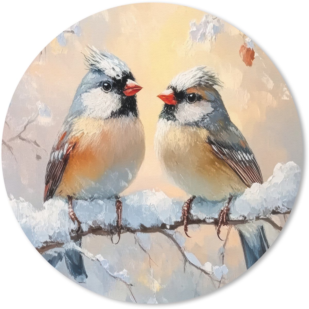 Muismat rond 30x30 cm - Mousepad Vogels - Tak - Winter - Sneeuw - Ronde muismatten