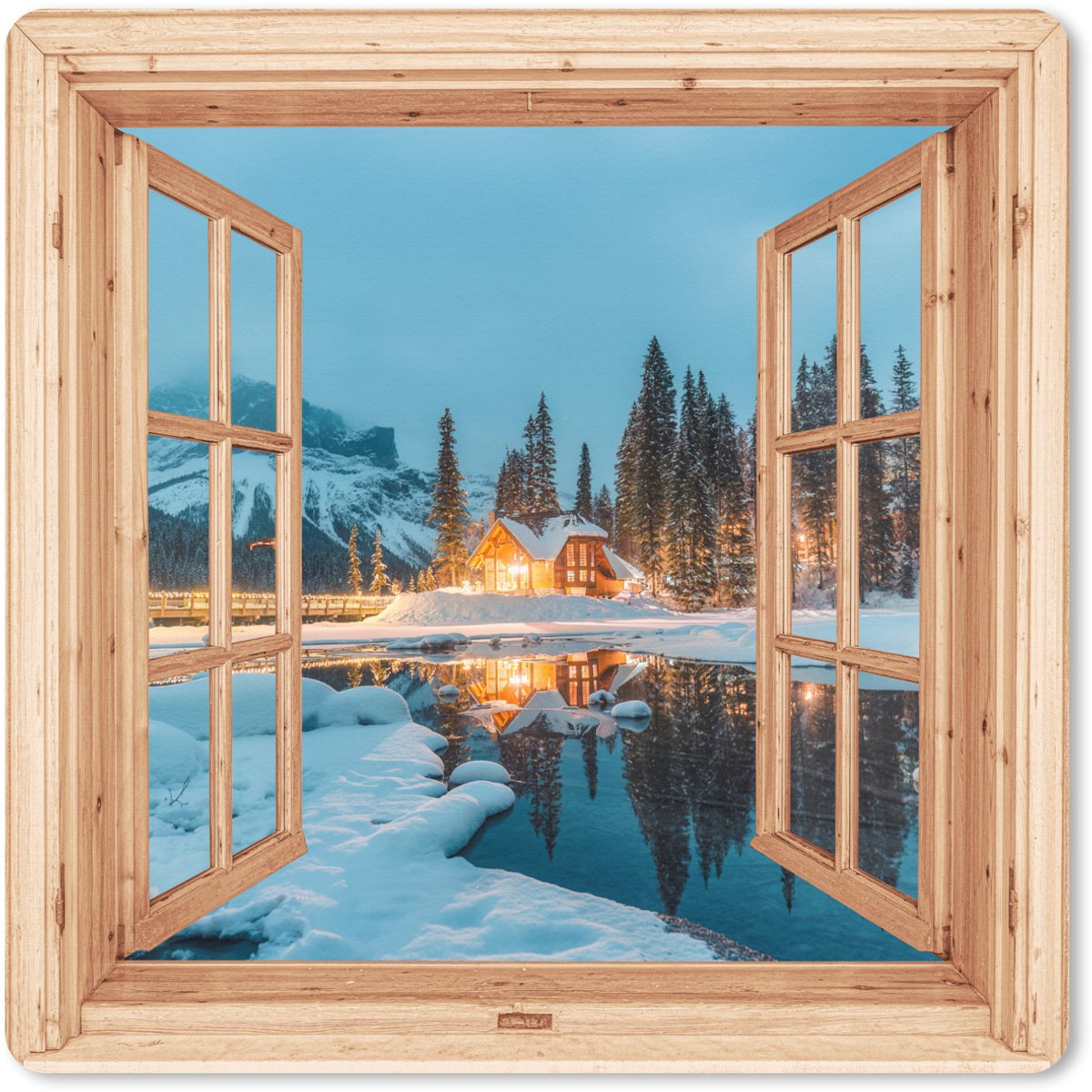 Muismat XXL 80x80 cm - Bureau onderlegger - Bureau mat Winterlandschap - Natuur - Huis - Bergen - Doorkijk - Raam - Bureaumat - Gaming mousepad xl - Bureaulegger groot - Computer deskmat