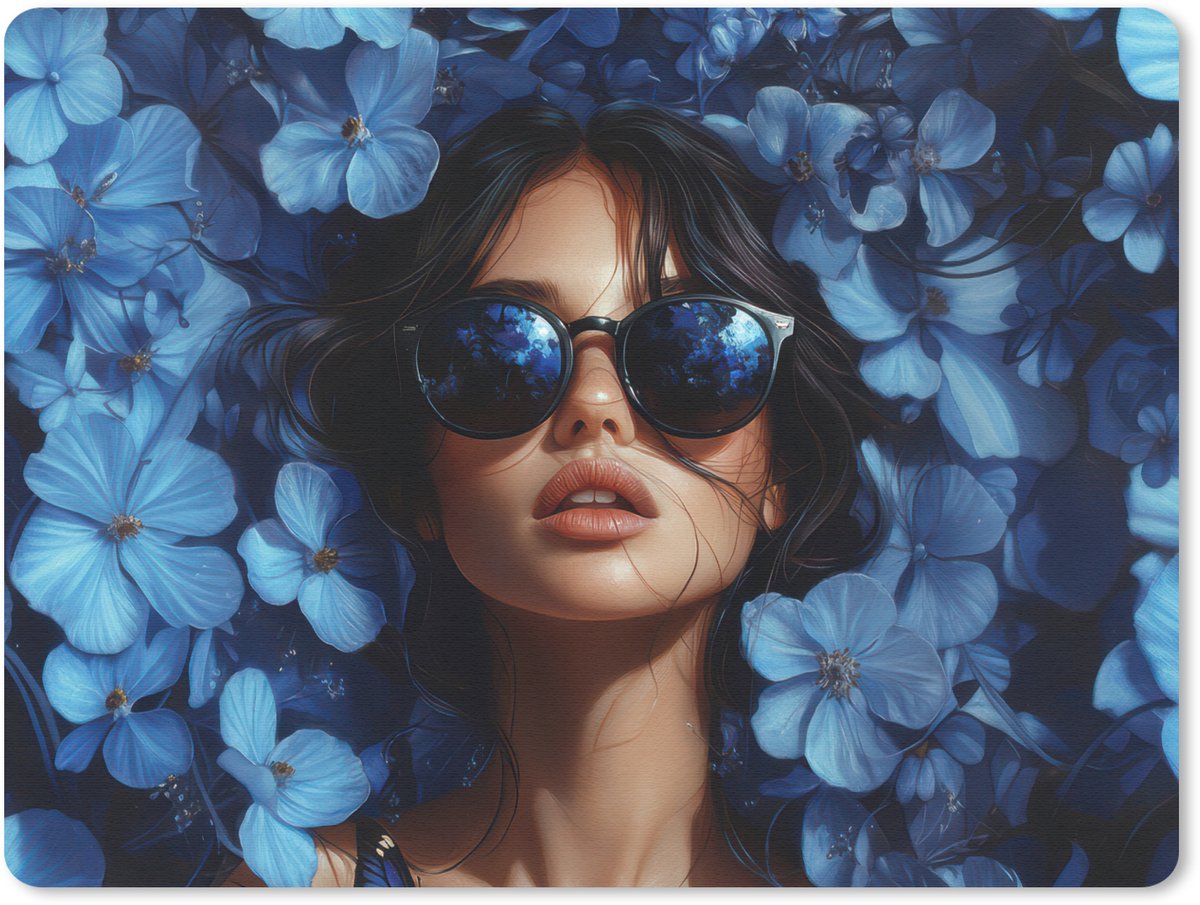 Muismat 23x19 cm - Mousepad Vrouw - Blauw - Bloemen - Vlinders - Natuur - Muismatten