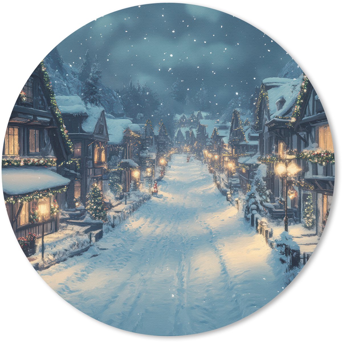 Muismat rond 40x40 cm - Mousepad Kerstdorp - Kerst - Sneeuw - Winter - Ronde muismatten