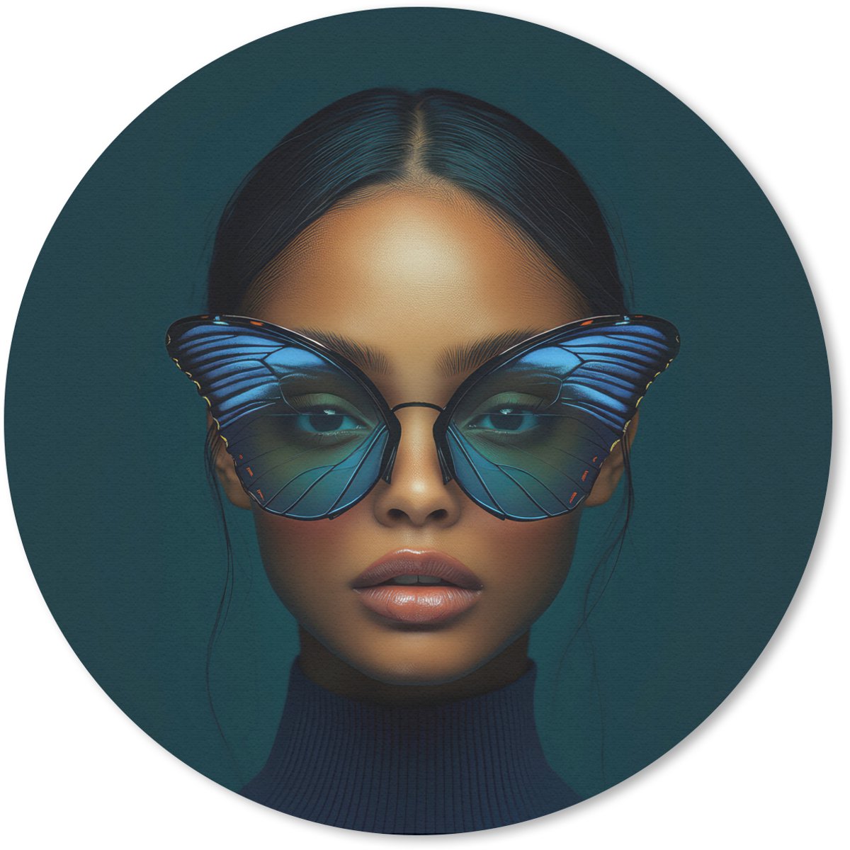 Muismat rond 20x20 cm - Mousepad Vrouw - Vlinder - Bril - Blauw - Modern - Portret - Ronde muismatten
