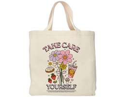 Creasowl® - Take care of yourself - Boodschappentas 38 x48 cm - Polylinnen- Mindset tas - Shopper - Canvas tas - Boodschappen tas - Totebag - Schoudertas - Draagtas - Positieve spreuk