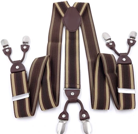 Bruine bretels met goudkleurig visgraatpatroon en donkerbruine lederen details. Met zilverkleurige clips.