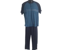 Comfortabele Unisex Pyjamaset – Mix van Katoen & Stijlvol Design - Kleur Duo-tone Blauw - Horizontale streep met tekst - Heren Maat XL - Dames Maat XXL - Cadeau - Kerst