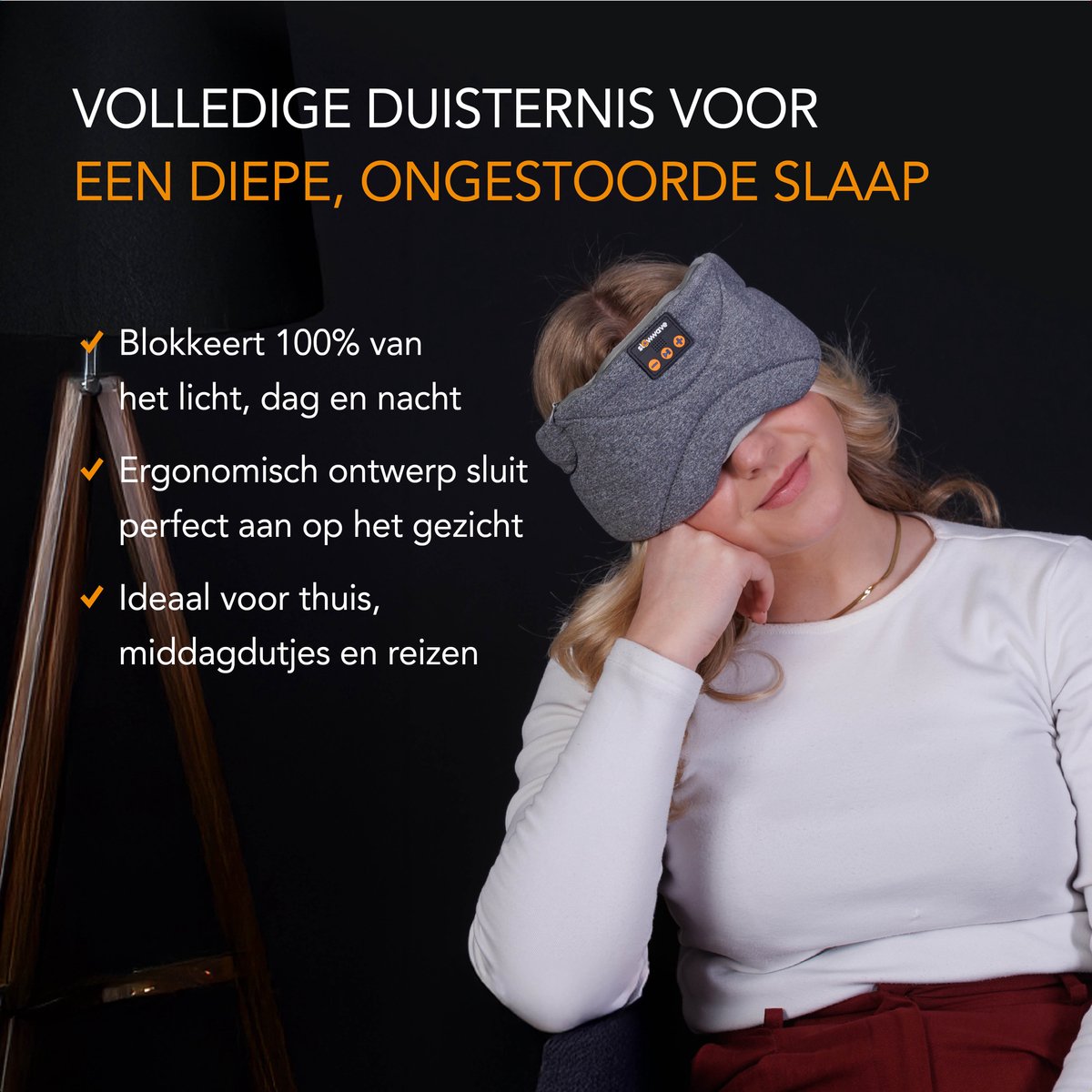 Slowwave Premium Bluetooth Slaapmasker - White Noise Versie (10 ingebouwde relax-geluiden) - Kleur: grijs - Met Binaural Beats - 100% verduisterend - Inclusief handige timer-functie - Koel en ademend - Platte 'spons speakers' voor zijslapers — afbeelding 9