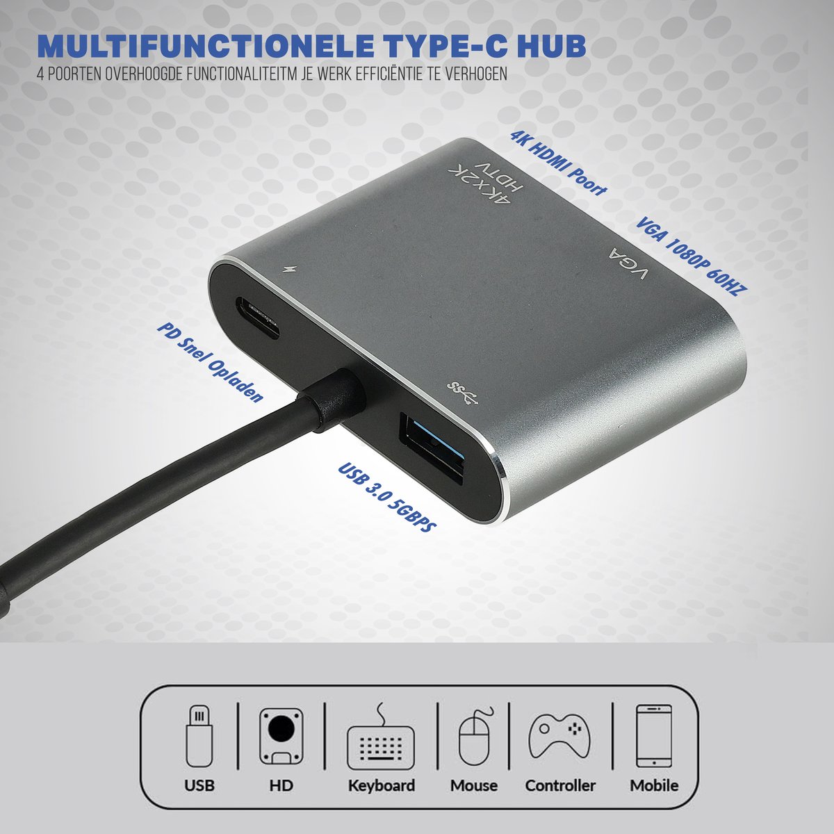USB-C naar HDMI VGA Adapter 4-in-1 4K UHD 60Hz USB 3.0 5Gbps USB-C PD 87W opladen voor laptop tablet smartphone - Afbeelding 3