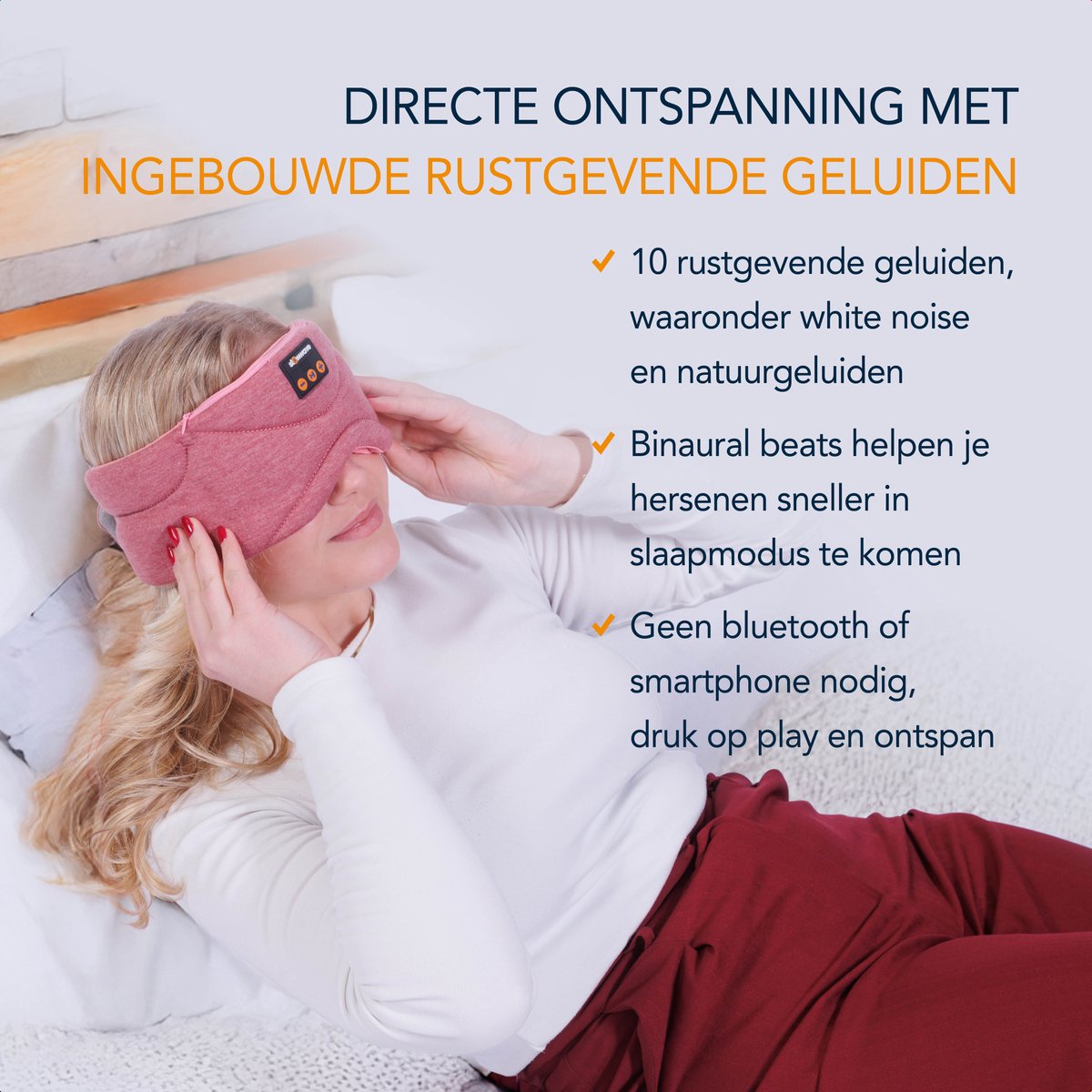 Slowwave Premium Bluetooth Slaapmasker - White Noise Versie (10 ingebouwde relax-geluiden) - Rose Quartz Edition - Met Binaural Beats - 100% verduisterend - Inclusief handige timer-functie - Koel en ademend - Platte 'spons speakers' voor zijslapers — afbeelding 9