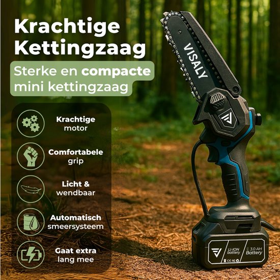 Visaly Mini Kettingzaag - Accu Snoeizaag - Elektrische Handkettingzaag - Takkenzaag - Automatische Kettingsmering - Brushless - Incl. Opbergkoffer, 2 Accu's en Kettingolie van Merkloos	 — afbeelding 2