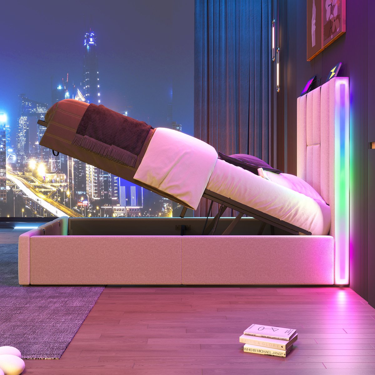 USB-C oplaadfunctie, APP-besturing LED verlichting, 90x200, opbergbed, houten lattenbodem, beige linnen, zonder matras