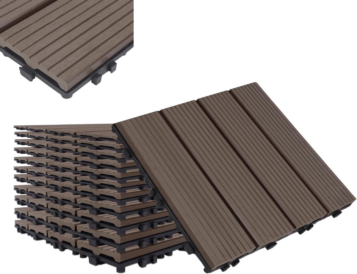 Aufun 11x Terrastegels voor 1m² WPC 30x30cm houtlook - balkontegels tuinkliktegel bruin met drainage (set van 11 stuks, bruin)