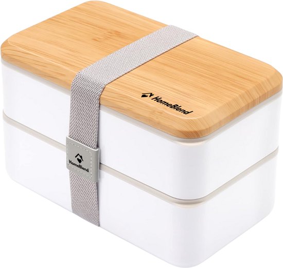 HomeBlend Bento Box / Bentobox 1,4L – 2-Laags Lunchbox / Broodtrommel met Bestek – BPA-vrij – Voor School, Werk & Onderweg - Wit