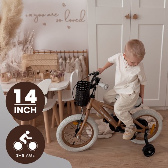 Verdant Bike Kinderfiets voor jongens van 3 tot 5 jaar, 14 inch Cappuccino, leeftijd 3 tot 6 jaar, met zijwieltjes, duwstang, handremm van Verdant Bike — afbeelding 2