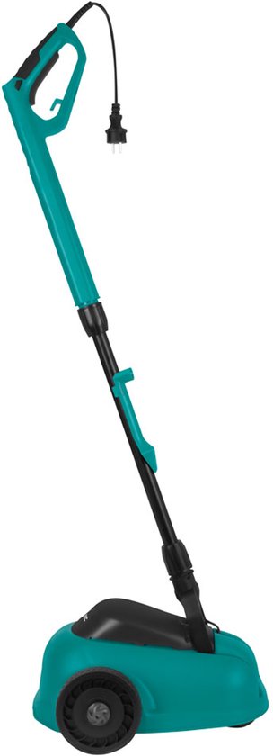 Teal grasmaaier met zwarte accenten en opklapbare steel, met stekker, op witte achtergrond.