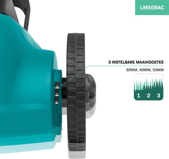 Close-up van de teal grasmaaier met wiel en maaihoogte-indicator voor 30, 40, 50 mm.
