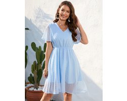 Zomerjurk Dames Elegante jurk Knielengte Zwitsers stippen A-lijn Korte mouw V-hals Strand Bruiloft Feestelijk Blauw L