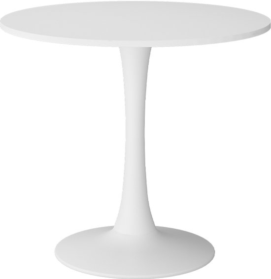 Table ronde blanche avec un pied distinctif en forme de tulipe, isolée sur fond blanc.
