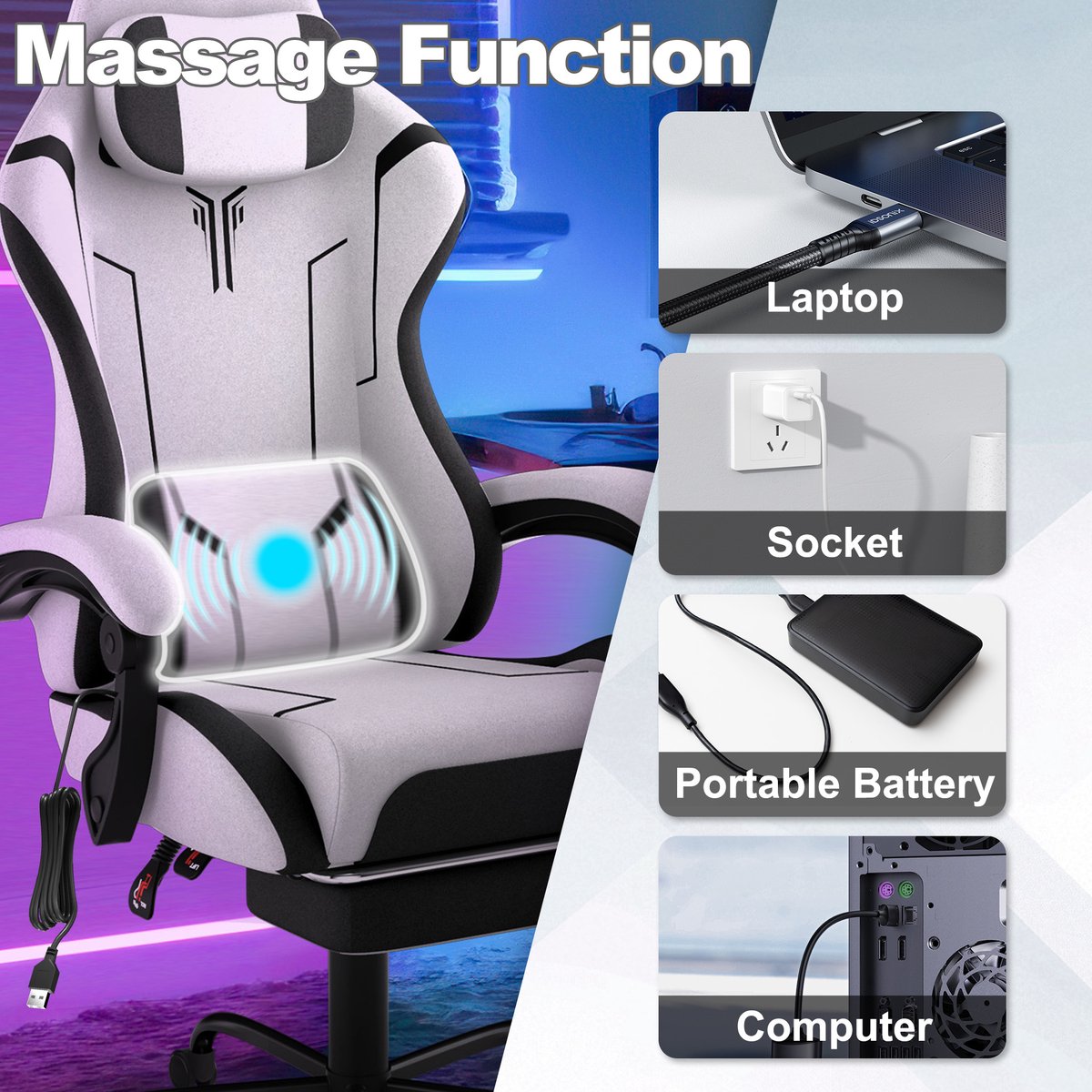 NAIZY Gamingstoel met Massagefunctie en Voetensteun Blauw - afbeelding 2
