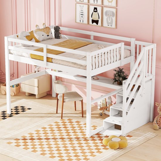 Lit mezzanine - 140x 200 cm - lit mezzanine enfant - avec tiroirs de rangement et bureau sous le lit - blanc - sans matelas