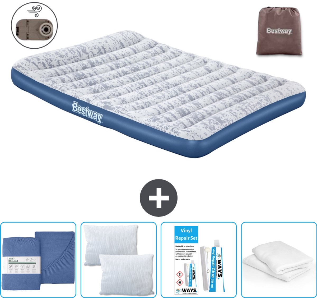 Bestway luchtbed - 2-Persoons - 152 x 203 x 30 cm - Blauw - Inclusief pomp - Hoeslaken - Kussen - Kussenbeschermer en Reparatieset