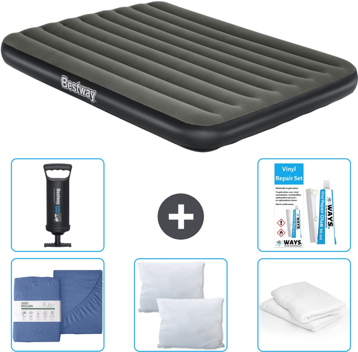 Bestway luchtbed - 2-Persoons - 152 x 203 x 25 cm - Groen - Inclusief Hoeslaken - Kussen - Kussenbeschermer - Pomp en Reparatieset