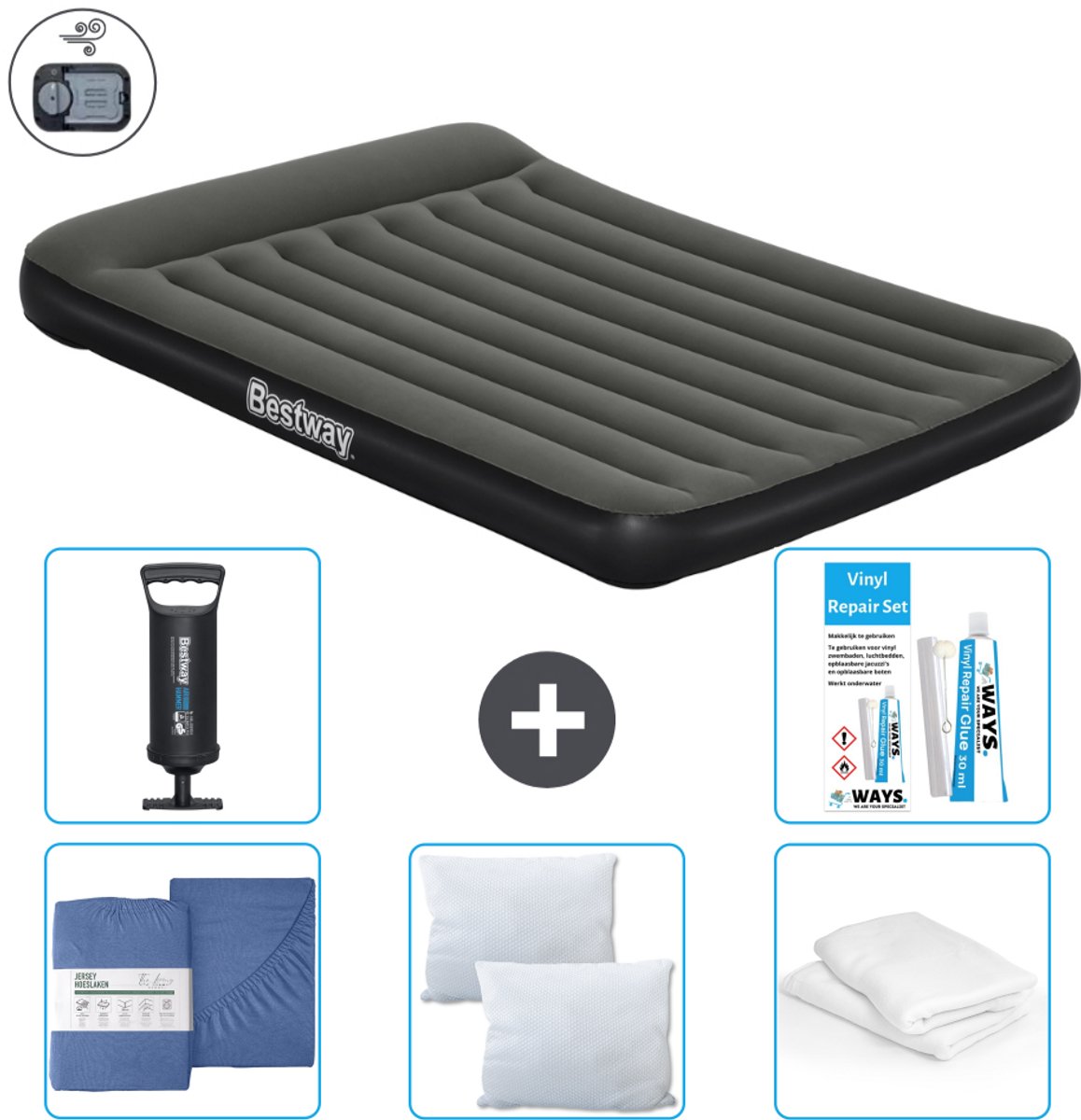 Bestway luchtbed - 2-Persoons - 152 x 203 x 30 cm - Groen - Inclusief pomp - Hoeslaken - Kussen - Kussenbeschermer - Pomp en Reparatieset