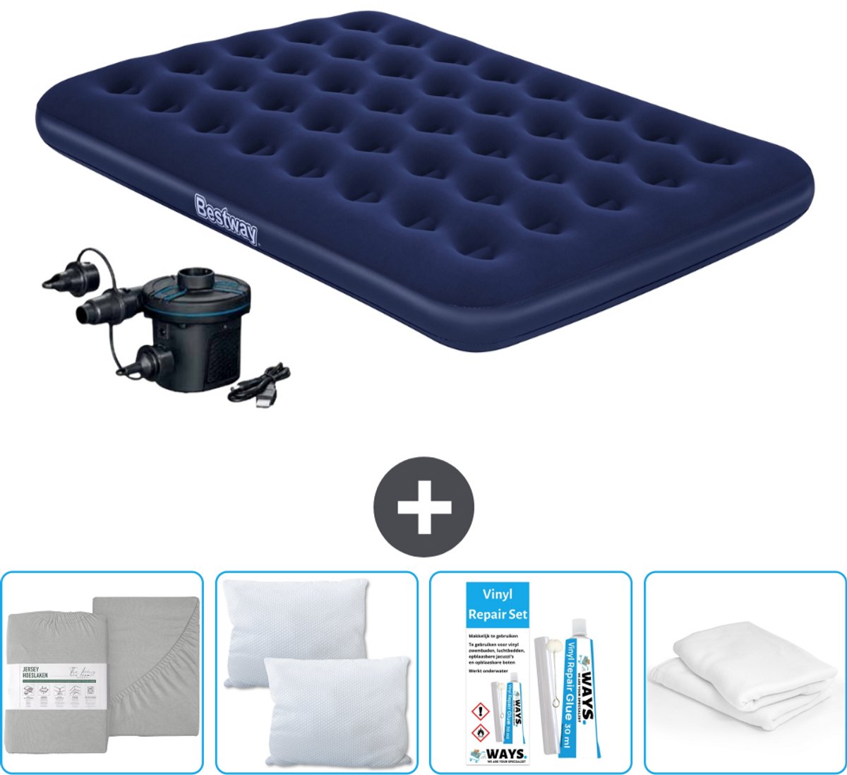 Bestway luchtbed - Twijfelaar - 137 x 191 x 22 cm - Blauw - Inclusief pomp - Hoeslaken - Kussen - Kussenbeschermer en Reparatieset