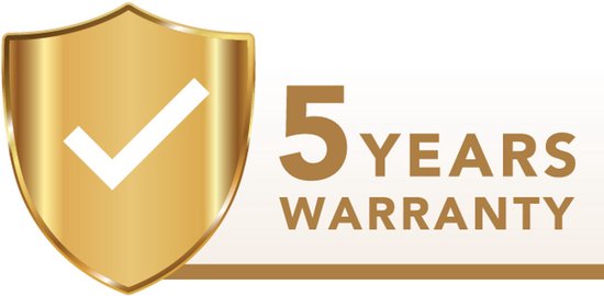 Gouden schild met een wit vinkje en de tekst "5 YEARS WARRANTY"