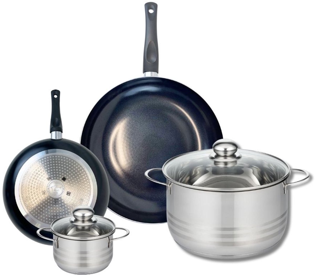 Set van 2 Koekenpannen 20 en 28 cm en 2 Kookpotten 12 en 24 cm Elo Prima Glanzend