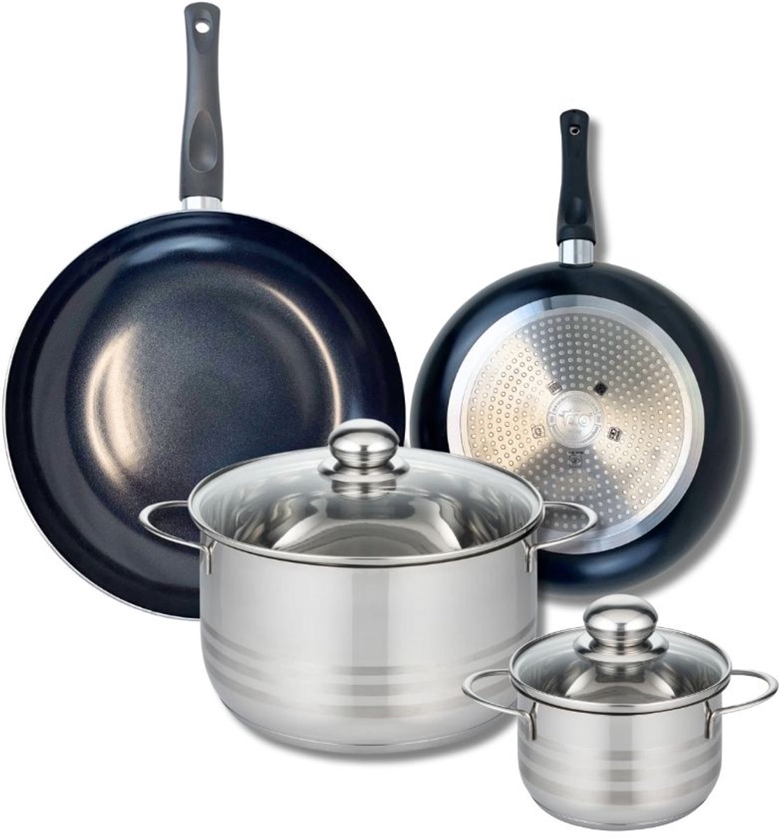 Set van 2 Koekenpannen 24 en 28 cm en 2 kookpotten 16 en 24 cm Elo Prima Glanzend