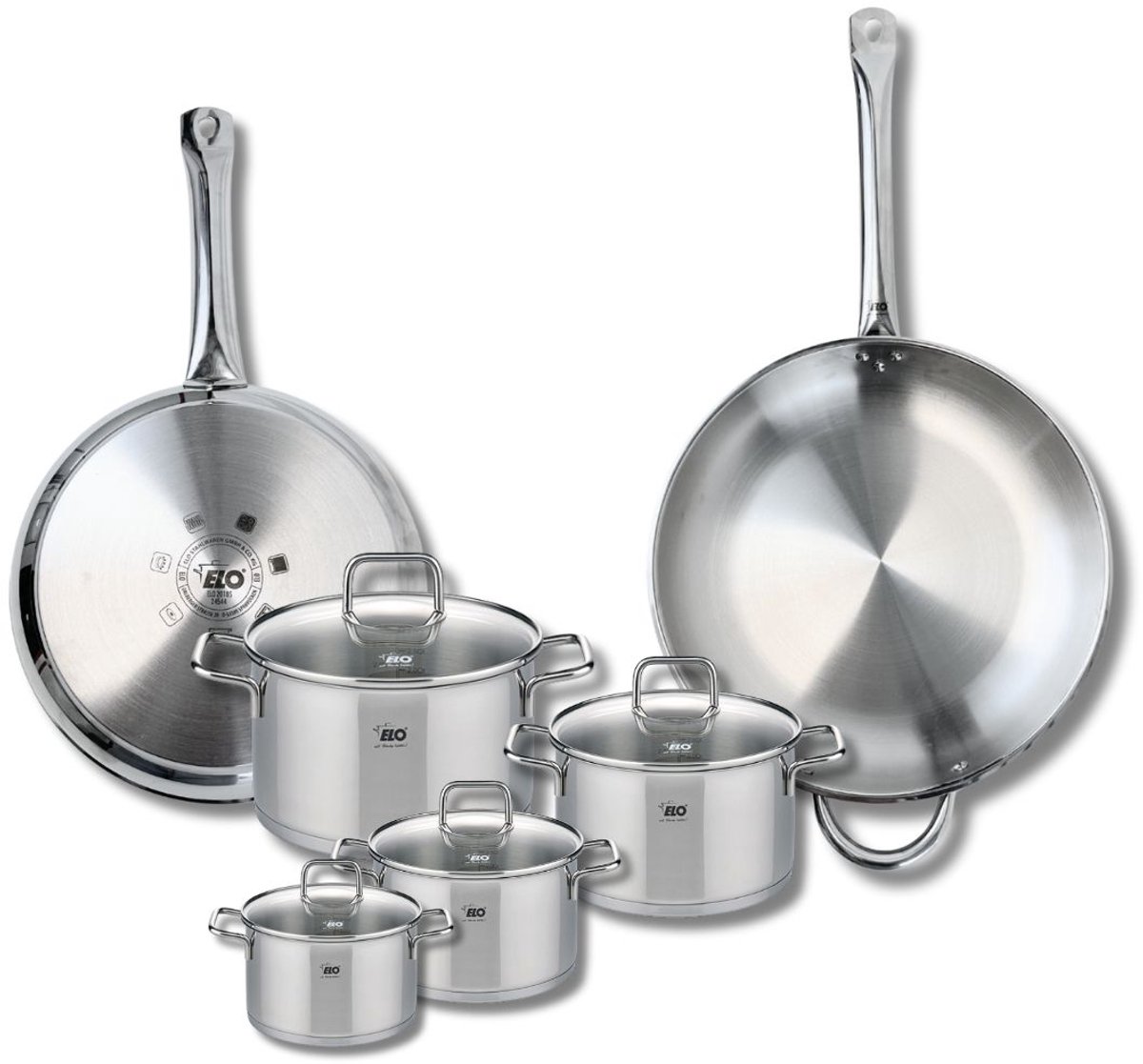 Set van 2 Koekenpannen 28 en 32 cm en 4 kookpotten 12, 14, 16 en 20 cm Elo Profi Citrin