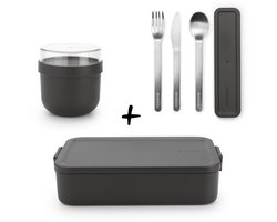 Brabantia Make & Take Set - Bento Lunchbox + Bestekset 3-delig + Yoghurtbeker - Dark Grey