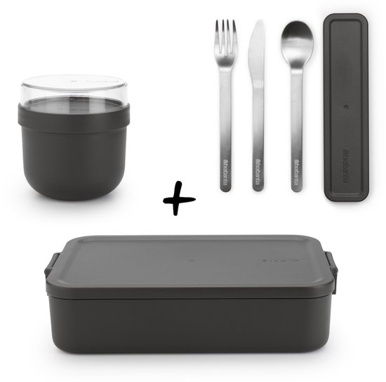 Brabantia Make & Take Set - Boîte à lunch bento + Set de couverts 3 pièces + Pot à yaourt - Gris foncé