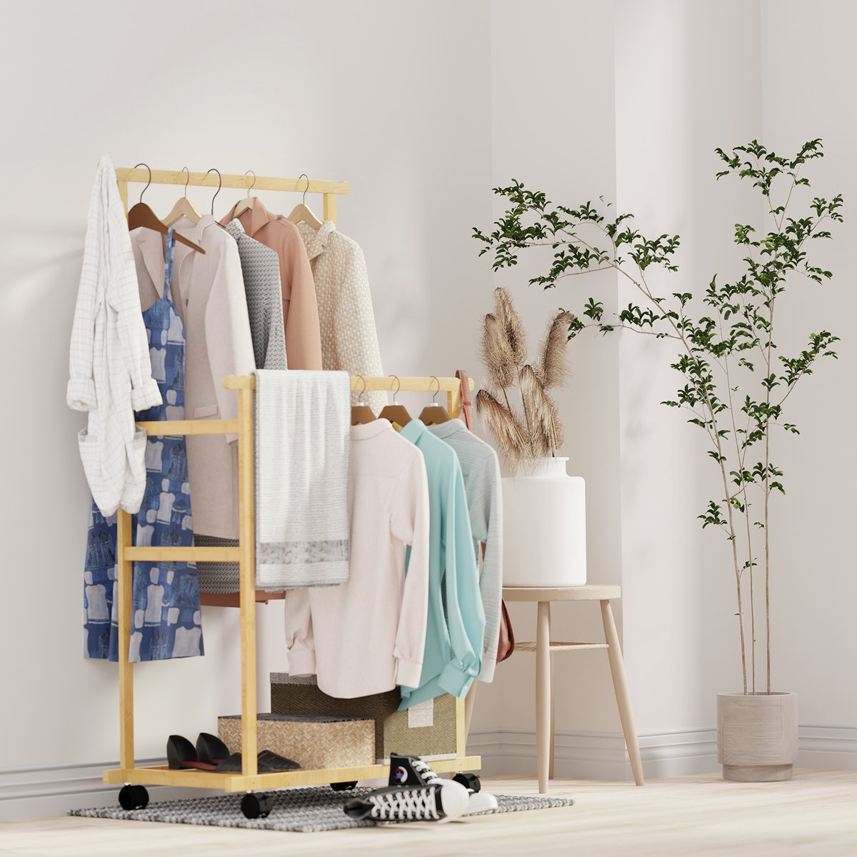 Unho Bamboe Kledingrek met Wieltjes – Dubbele Hangstang – Met Schoenenrek & Broekenrek – Stabiel Garderoberek – 80×40×160 cm – Natuur Natuurlijk