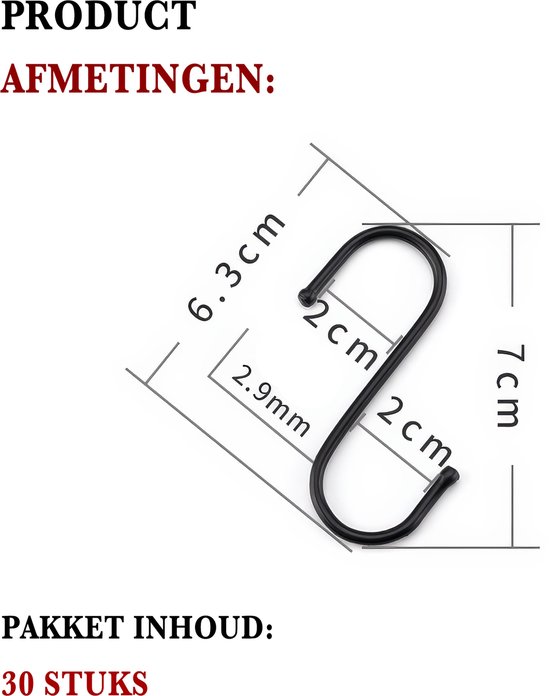 Afmetingen van een enkele zwarte S-haak: 7cm hoog, 2cm breed, 2.9mm dik.