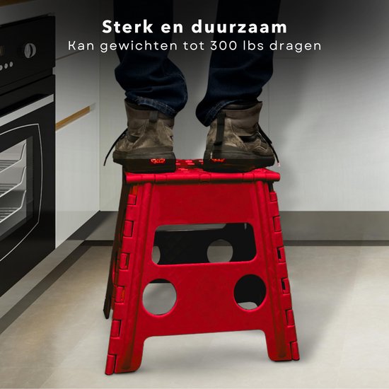 Cheqo® Vouwbare Opstapkruk - Opstapje - Trapje - Kruk - Krukje - Keukentrap - Keukentrapje - Opvouwbaar - Anti-Slip - ABS Materiaal - Max. 100 kg - Rood van Cheqo — afbeelding 4
