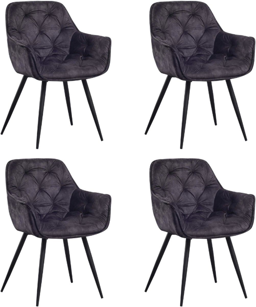 Dimehouse Set van 4 Eetkamerstoelen Velvet Antraciet Stof Audrey - Met Armleuningen - Velvet - Industrieel
