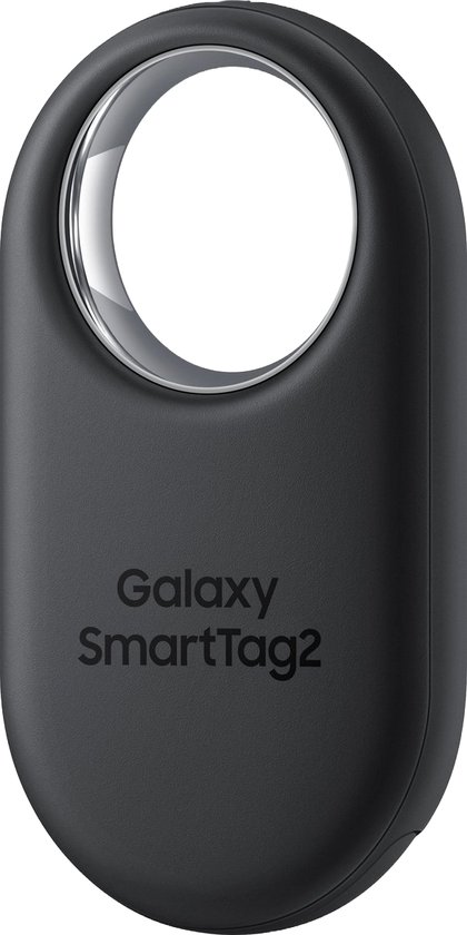 Galaxy SmartTag2 tracker in het zwart met een ovale, metalen ring.