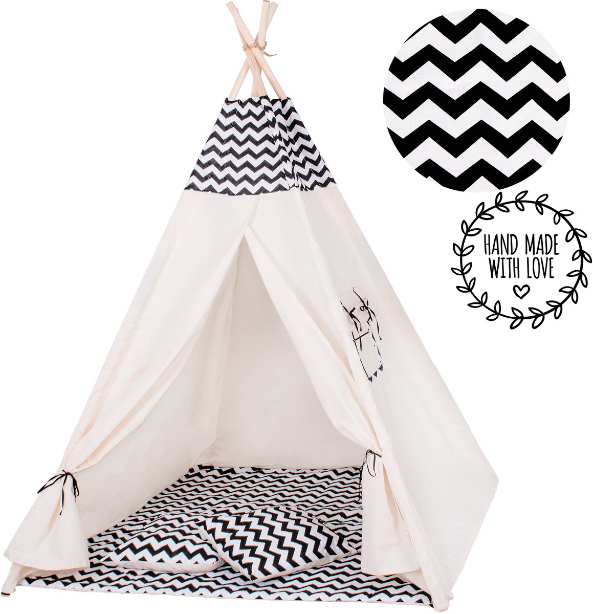 Springos Tipi Tent | Wigwam Speeltent | 120x100x180 cm | Met Mat en Kussens | Naturel Zwart | Golven