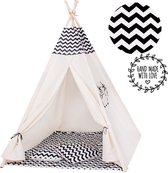 Springos Tipi Tent | Wigwam Speeltent | 120x100x180 cm | Met Mat en Kussens | Naturel Zwart | Golven