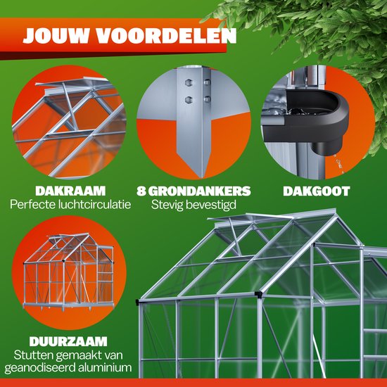 Voordelen van de kas: dakraam, grondankers, dakgoot en aluminium stutten.